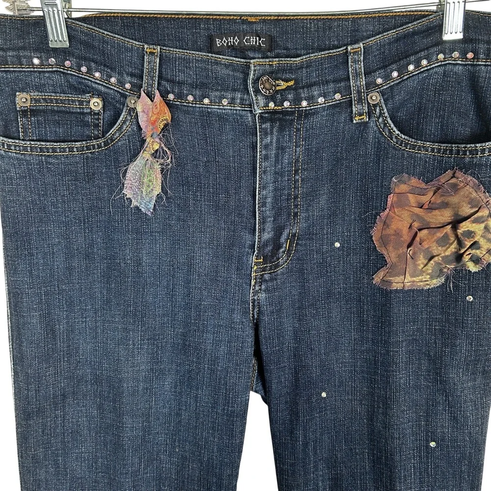 Boho Chic Embellished Denim Jeans Blue Floral Rhinestone Tassel Cuff Women's - Picture 16 of 16